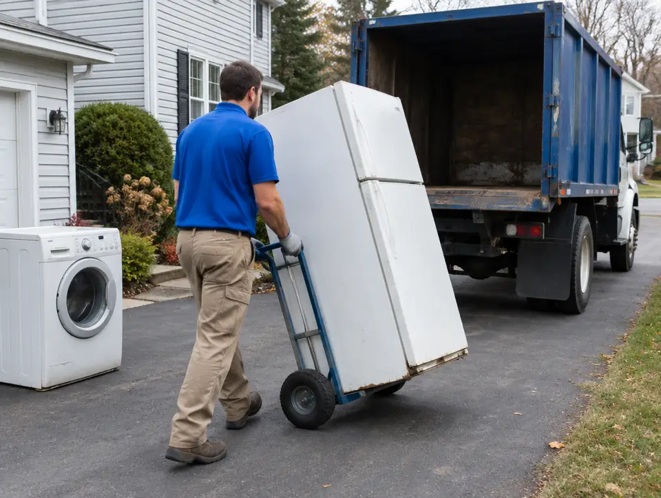 Worker wheeling an old refrigerator on a hand truck toward a dump truck, with a washer on the driveway