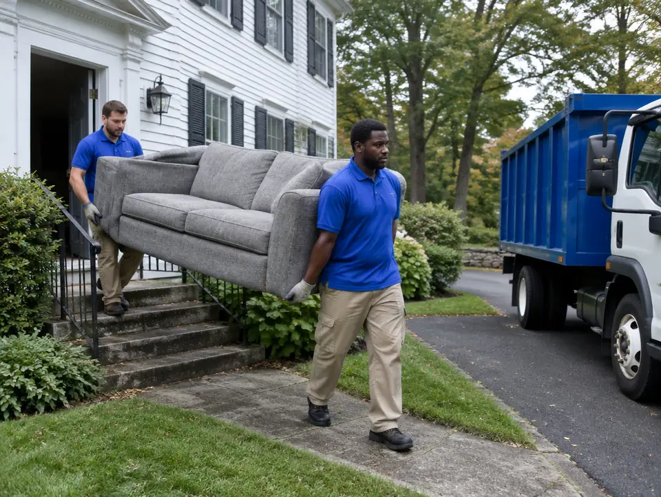 Two workers carrying a gray sofa down the front steps of a house toward a truck