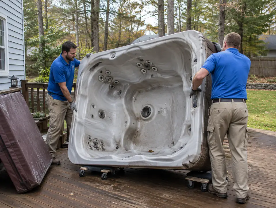 Two workers tilting an empty hot tub onto dollies on a backyard deck