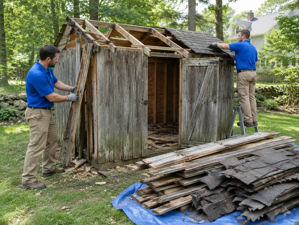 Two workers taking apart a weathered wooden shed, with old boards and shingles stacked on a tarp